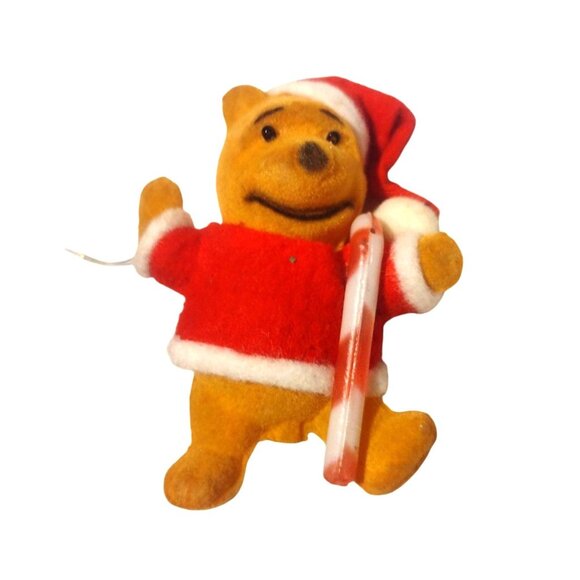 Vintage Flocked Winnie The Pooh Christmas Ornament Santa Outfit Candy Cane 3" - Picture 1 of 4